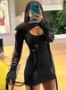 Casual Dresses Dulzura Autumn Bandage Ruched Neon Y2K Clothes Hollow Out 2 Pieces Long Sleeve Backless Bodycon Mini For Women 2024 Club