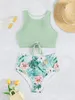 Women's Swimwear Vintage Floral Print High Waist Bikini Set 2024 Women Green Hollow Out Tie Bow Push Up Swimsuit Bathing Suit Beachwear