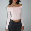 Gaono Womens Knit Flower Decro Crop Tops Basic Solid Color Off Shouldell Lengeve Tshirts Cropped Seater Cottage Streetwear 240129