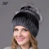 Chapeau de fourrure d'hiver pour femmes, chapeau en vraie fourrure de rex avec bonnets tricotés à fleurs argentées, cap317i