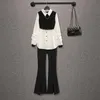 Chemise plissée en mousseline de soie, Blazer, pantalon évasé décontracté, deux pièces élégantes pour femmes, costume, tenues de rue, été, 240129