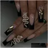 False Nails 24Pcs Black Fake Beveled Long French Snake Pattern Wearing Art Finished Fashion Press On Nail Charms Kit Drop Delivery Hea Ot9Gw