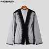 Casual overhemden voor heren INCERUN 2024 Heren overhemd Mesh Ruche V-hals Lange mouw Kleding Street chic Sexy Transparant Mode Unisex Feest S-5XL