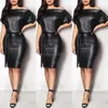 Black color Women Casual Dresses Black Asymmetrical Sexy Faux Leather Bodycon Dress Women Summer short Sleeve Knee Length Pencil