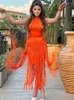 Casual Kleider Frauen Orange Quaste Verband Kleid Sexy Halter Kragen Backless Bodycon Club Party Abend Runway Vestidos 2024 Sommer