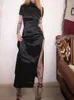 Casual Kleider Sisterlinda Weiche Satin Traditionelle Chinesische Mid-Calf Frauen Schwarz Stickerei Elegante Split Lange Qipao Club Party Kleid Robe