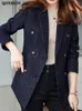 Qoerlin Women Winter Tweed Blazer Płaszcz grube ciepłe kołnierz Nothced Długie rękaw Slim Elegant Kurtka podwójna płaszcz 240202