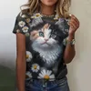 Koszulki damskie T-shirt z krótkim rękawem zabawny moda na szyję Top 3D Kawaii Cat Druku