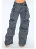 Düz renkli çok cepli gevşek kot pantolon kadınlar yüksek sokak retro hip-hop geniş bacaklı pantolon rahat düz yüksek belli kot pantolon 240125