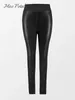 Kvinnor Pants Solid Black Faux Leather High midjegener för kvinnor Skinny Ben Tight 2024 Spring Autumn Full Length Slim Pencil Trouser