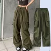 Pantaloni da donna Y2k Baggy Green Cargo per le donne Tasche con coulisse Pantaloni sportivi a vita alta Salopette Hip Hop Pantaloni retrò