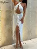 Casual Dresses Hugcitar Ruffles Halter Sleeveless Backless Hollow Out Beading Tassel Slit Maxi Dress Sexy Bodycon Summer Elegant Outfit