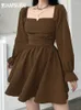 Casual Dresses Iamsure Korean Style Slim Solid A-Line Dress Autumn Winter Square Collar Puff Sleeve Mini For Women 2024 Elegant Fashion