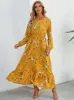 Robes décontractées élégant imprimé floral femmes robe printemps été à manches longues taille haute en mousseline de soie dames fête plage maxi