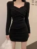 Casual Dresses QWEEK Autumn Black Bodycon Dress For Women 2024 Vintage Wrap Evening Party Office Ladies Long Sleeve Robe