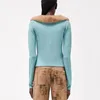 Damen Strick 2024 Herbst Blauer Haarkragen Strickpullover Langarm Enthüllung Sexy Jacke Top Modische Hundert Hochwertige Y2k