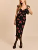 Casual Dresses Women Retro Rose Print Sling Midi Dress 2024 Franska damer V-ringnings ärmlös Wrap Sexig veckad mantel för fest