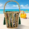 New Bamboo Woven Bag Summer Round Bamboo Basket Water Bucket Bag Tassel Bamboo Root Woven Bag Countryside Handheld Grass Woven Beach Bag