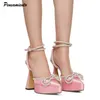 Platform Rhinestones 505 Satin Wedges Women Pumps Elegant Slingbacks Cross-tied Dress High Heels Spring Summer Chunky Shoes 240125