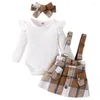 Conjuntos de roupas bebê menina outono roupas conjunto moda nascido infantil algodão plissado macacão xadrez suspender saia headband 3pcs para roupas de criança