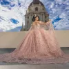 2024 Sexy Pink Quinceanera Dresses Ball Gown Off Shoulder Rose Gold Sequined Lace Appliques Crystal Beads Puffy Party Dress Prom Evening Gowns With Cape 0513