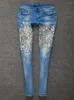 Jeans femininos high street artesanal diamante brilhante lápis mulheres moda estiramento skinny denim calças q666