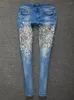 Damesjeans High Street Handgemaakte Diamond Shiny Pencil Damesmode Stretch Skinny Denim Broek Q666