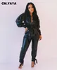 Women's Two Piece Pants CM.YAYA Faux Leather PU 2 Set For Women Fall Winter Fitness Outfits Lantern Sleeve Tops Street Tracksuit