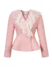 Модное женское твидовое розовое короткое пальто Женская одежда Элегантная роскошная куртка Сладкая кружевная верхняя одежда с v-образным вырезом и длинным рукавом Femme Топы 240122