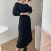 Abiti da festa Abito casual Donna Solido Tempo libero Autunno dentellato Elegante autunno manica lunga Vestido Stile coreano Semplice abito da donna nero