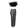 Work Dresses Feather Top Skirt Set Sexy Black White Wrapped Lace Mesh Plaid Sequined Bodycon Two Piece Maxi Dress