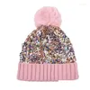 Bérets Paillettes Tricot extérieur Garder au chaud Femmes Pompon Chapeau Mode Épaississement Hiver Protection contre le froid Bonnet tricoté Drop Livraison Dh8Pb