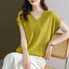 Kvinnors mode Jacquard elegant tunna stickade tshirts Summer V Neck Short Sleeve Loose Pullover Tops Solid Casual Ropa de Mujer 240129