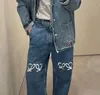 Loewe designer byxa ben gaffel loewe loog byxa tätt denim byxor fleece tjockare varm jean märke kvinnor broderi tryckning 272