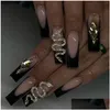 False Nails 24Pcs Black Fake Beveled Long French Snake Pattern Wearing Art Finished Fashion Press On Nail Charms Kit Drop Delivery Hea Otjhc