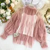 Plus Size Women Top Lantern Sleeve Autumn Spring Blus Beading Elegant Blue Chiffon Lace Pearl Shirt 240126