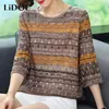 Dames T-shirts Herfst Winter Patchwork Elegante Y2K Trui Dames Casual Driekwart Mouw Chique Vrouwelijke Kleding Alle Match Losse Dame