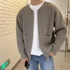 Man kläder casual cardigan stickade tröjor för män fast färg med fickor crewneck zipup rund krage vanlig blixtlås beställning s 240130