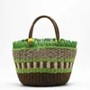 2023 New Handheld Woven Bag with Large Capacity Vegetable Basket Grass Woven Bag, Contrast Stripe Handmade Woven Bag