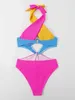 Costumi da bagno da donna Sexy Colore contrastante Donna Halter Cross Ferretto Cut-out Costume intero Costume da bagno Bikini patchwork rosa