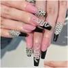 False Nails 24st Black Fake Beveled Long French Snake Mönster Bär konsten Färdig modepress på Nail Charms Kit Drop Delivery Heal Oty4n