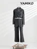 여자 양복 줄무늬 해체 된 크롭 블레이저 여성 노치 칼라 긴 소매 불규칙한 트림 짧은 재킷 여성 패션 세련