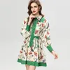 Women's Runway Dresses Turn Down Collar Long Sleeves Printed Lace Up High Streeet Fashion Designer European Vestidos