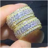 Anéis de casamento 2023 Top vender anéis de casamento jóias de luxo 925 esterlina sier fl corte redondo branco topázio cz diamante pedras preciosas festa handma dh8ee