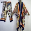 Dwuczęściowe spodnie kobiet Winyi 2024 Dwuczęściowy garnitur z paskiem głowy enagant drukowane Kimonos Batwing Sleeve Women Silk Floor Długość Moda