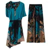Pantalon deux pièces pour femmes, ensemble d'été en soie à manches courtes, imprimé floral en satin, chemise de longueur moyenne, jambes larges, 2024