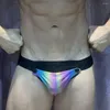 Cuecas jockmail jockstrap mens bikini breve sexy gay homens roupa interior tanga g cordas removível arco-íris reflexivo pu couro pênis bolsa