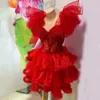 Stage Wear Femmes Robes de soirée Festival Tenues Rouge Puff Dentelle Manches Tutu Robe Femme Chanteuse Gogo Vêtements Bal Clubwear XS6286