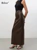 Röcke Bclout Elegante Braune Leder Lange Weibliche Mode Solide Büro Dame Schlitz Herbst Sexy PU Gerade Frauen 2024