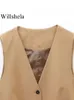 Willshela kvinnor mode khaki beskuren väst vneck single breasted ärmlös kvinnlig chic lady outfit kort topp tank 240130